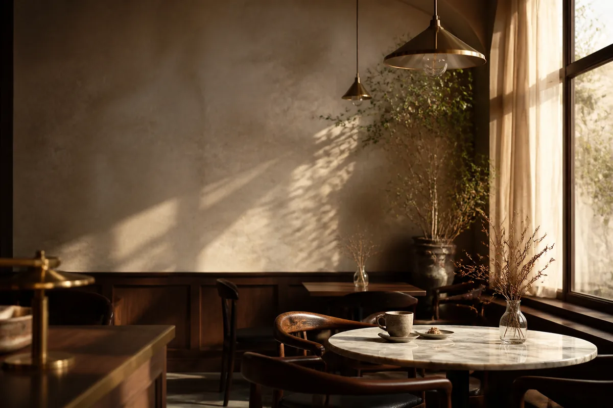 木の家具と柔らかな光が調和するKOMOREBI COFFEEの店内